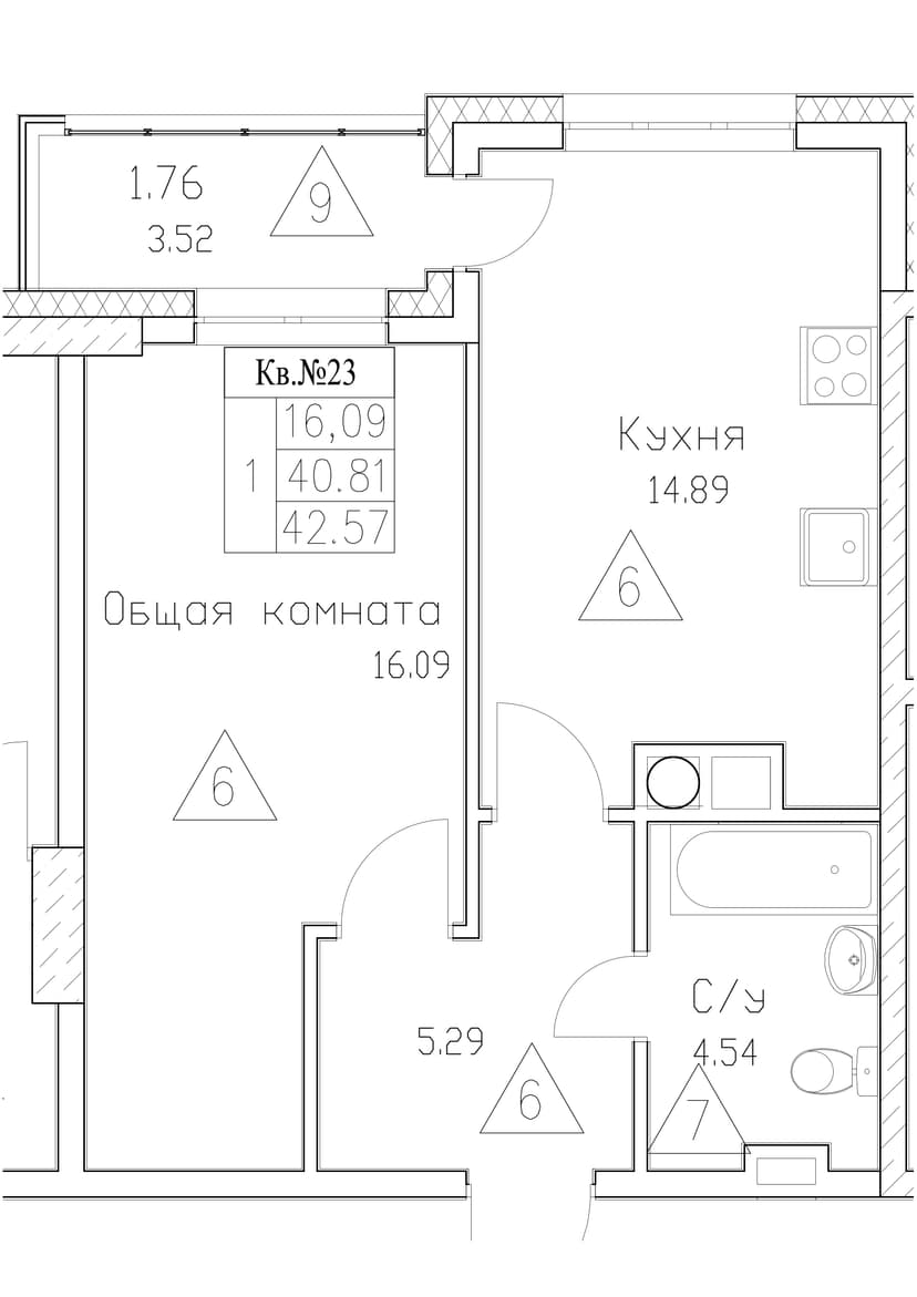 1 комн., 42.57 м²