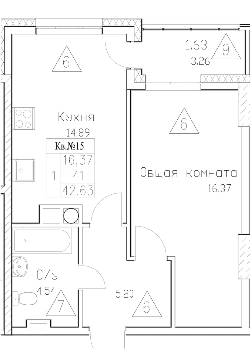 1 комн., 42.63 м²