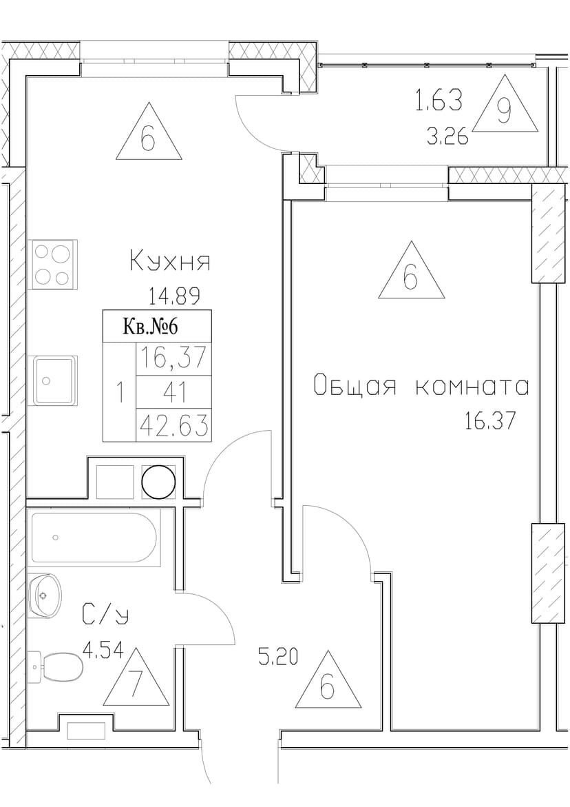 1 комн., 42.63 м²