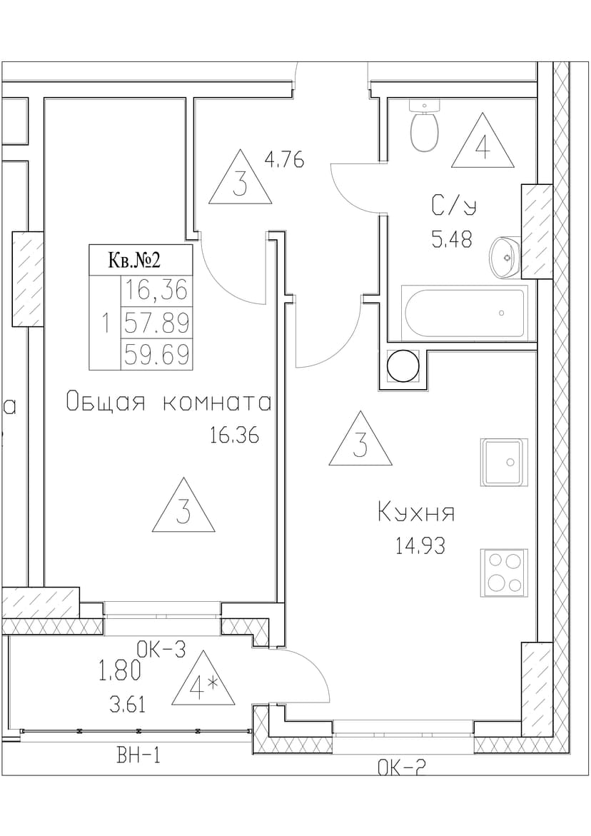 1 комн., 59.69 м²