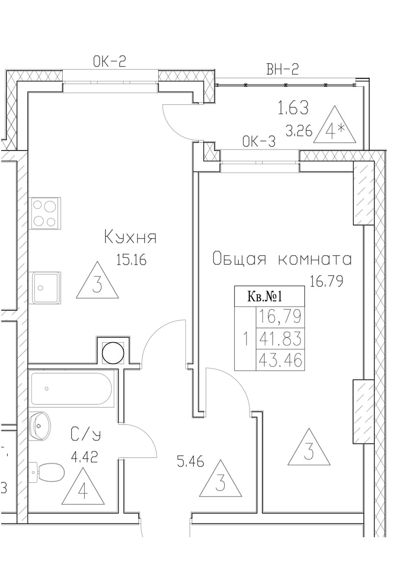 1 комн., 43.46 м²