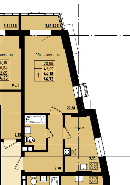 1 комн., 44.18 м²