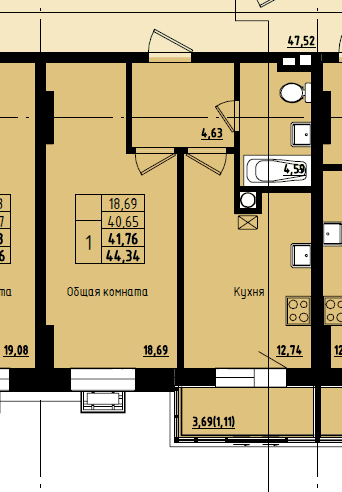 1 комн., 41.76 м²