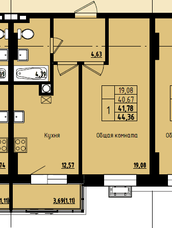 1 комн., 41.78 м²