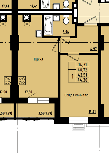 1 комн., 42.51 м²