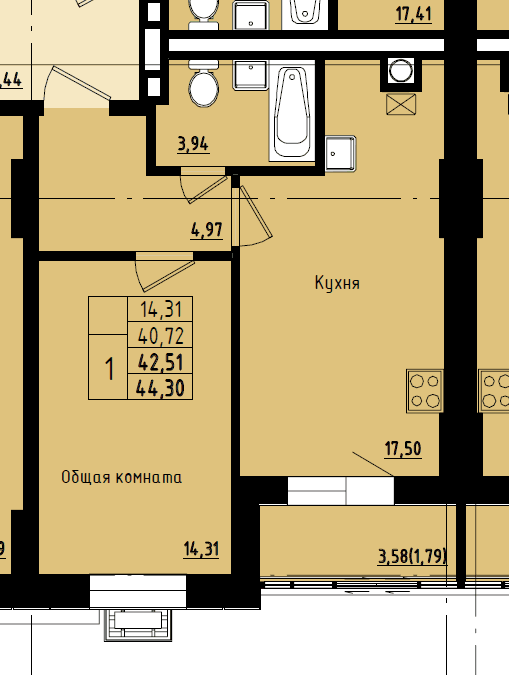 1 комн., 42.51 м²