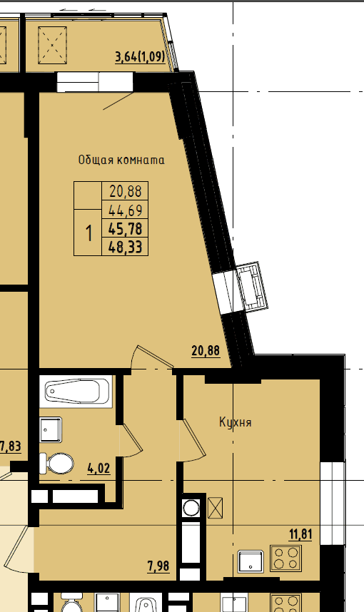 1 комн., 45.78 м²