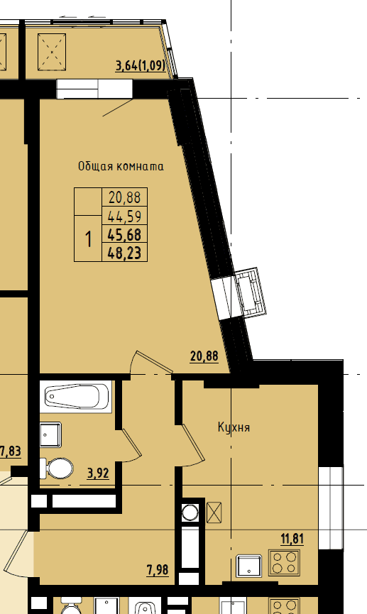 1 комн., 45.68 м²
