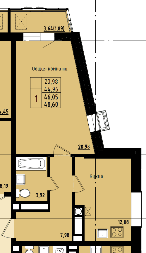 1 комн., 46.05 м²