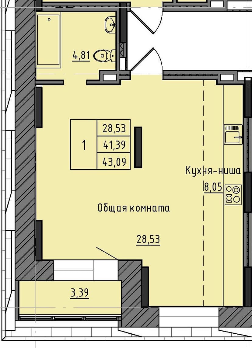 1 комн., 43.09 м²
