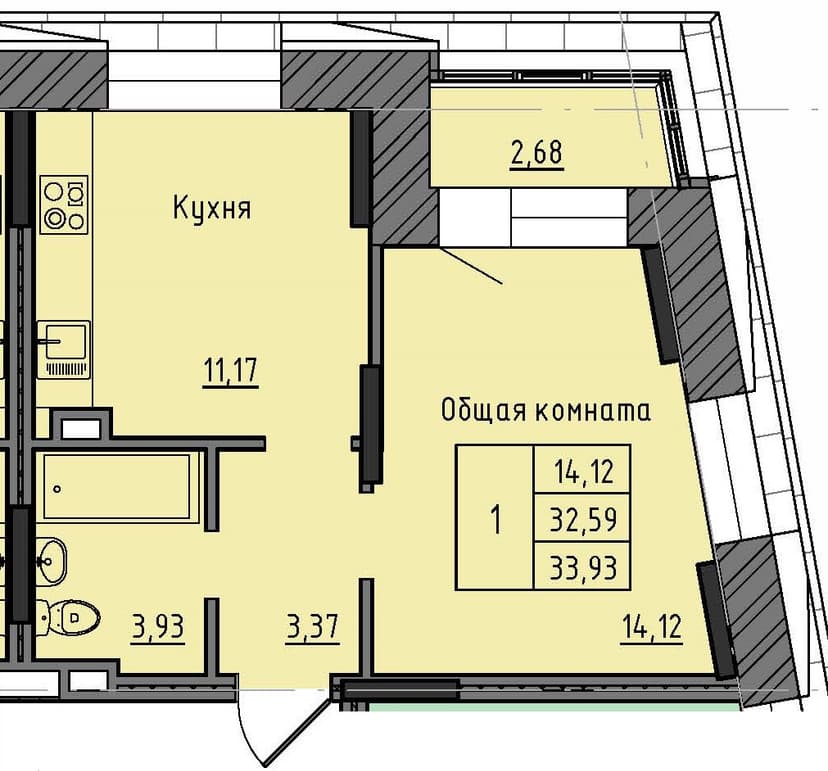 1 комн., 33.93 м²