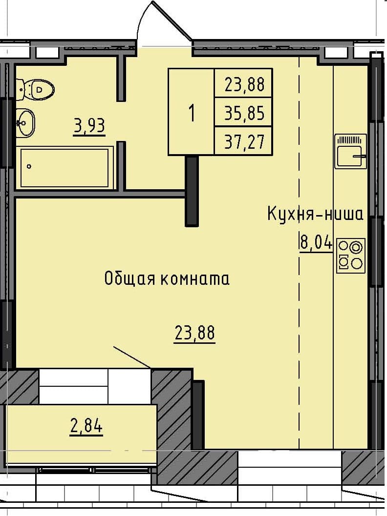 1 комн., 37.27 м²