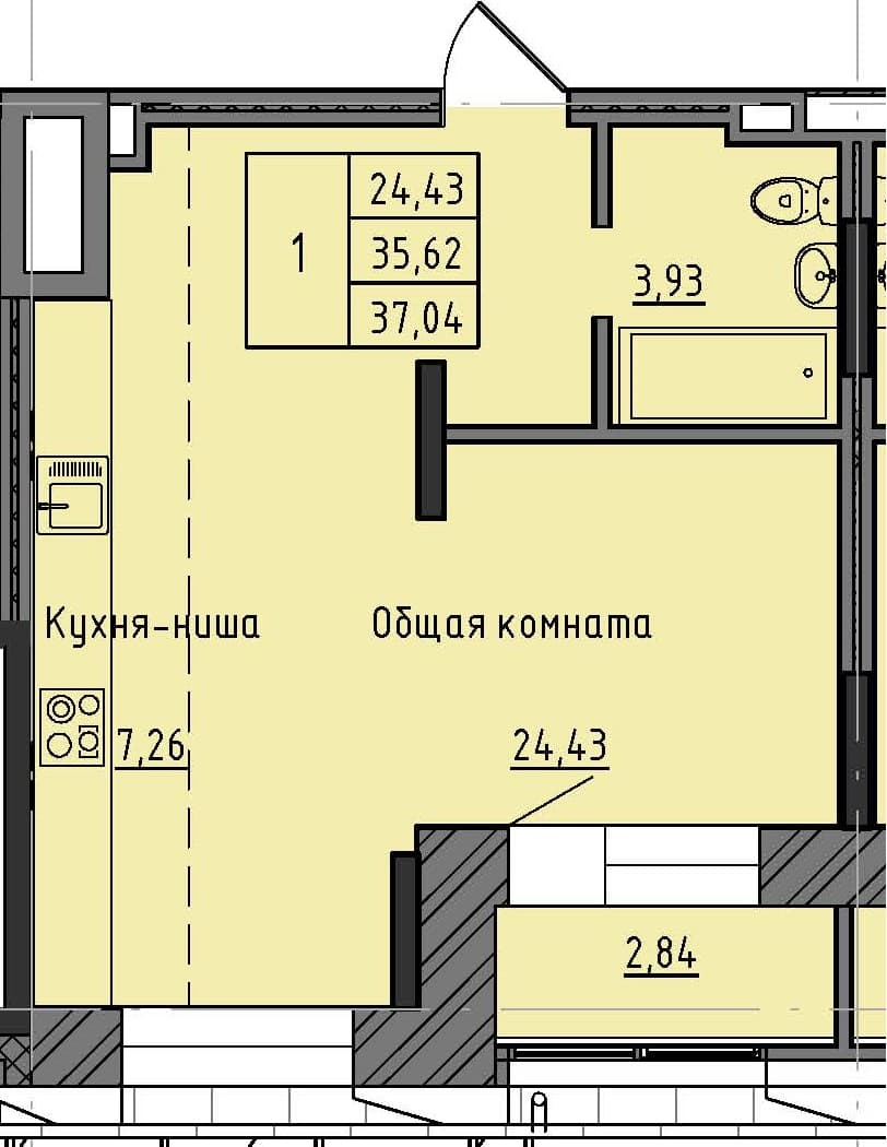 1 комн., 37.04 м²
