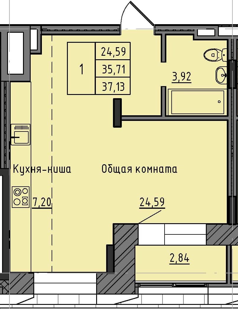 1 комн., 37.13 м²