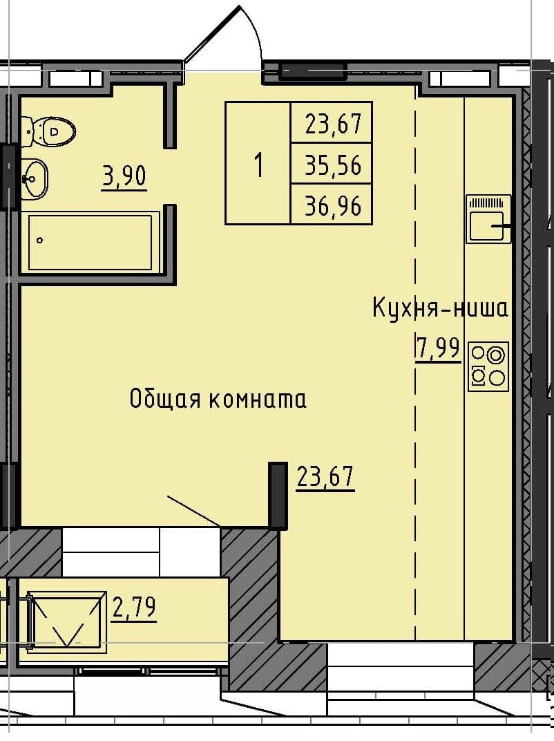 1 комн., 36.96 м²