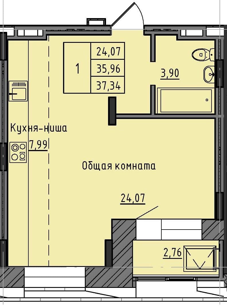 1 комн., 37.34 м²