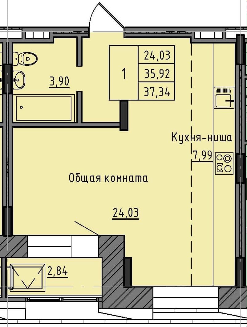 1 комн., 37.34 м²