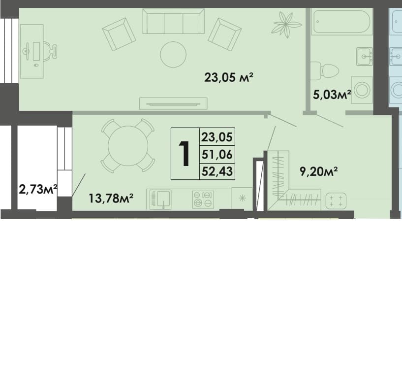 1 комн., 52.43 м²