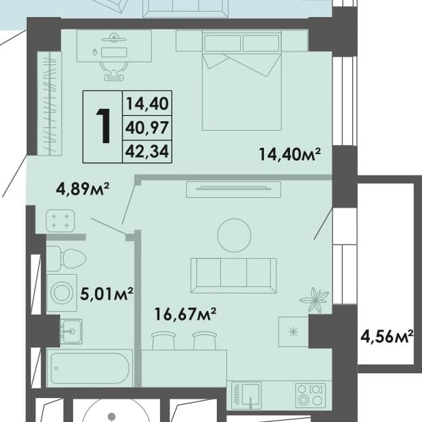1 комн., 43.15 м²