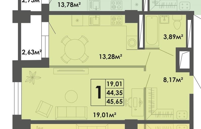 1 комн., 45.80 м²