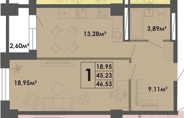 1 комн., 46.73 м²
