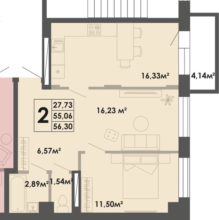2 комн., 56.30 м²