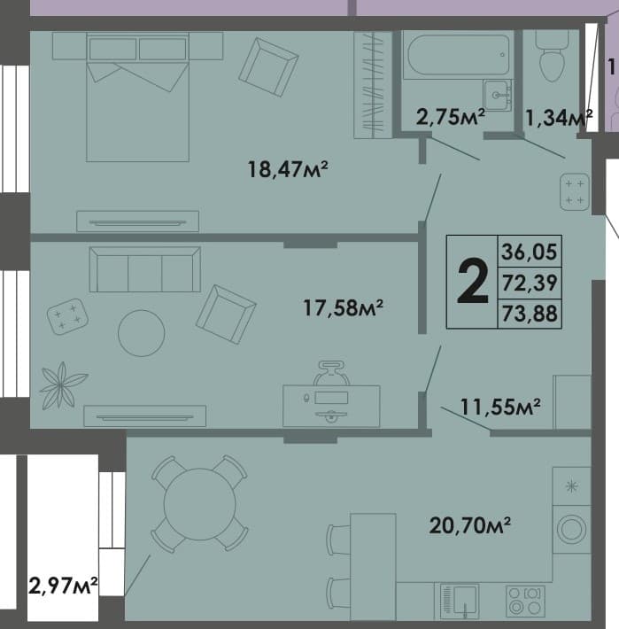 2 комн., 73.88 м²