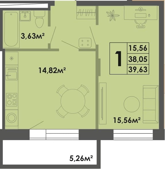 1 комн., 39.63 м²