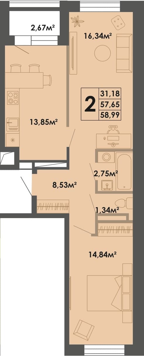 2 комн., 58.99 м²