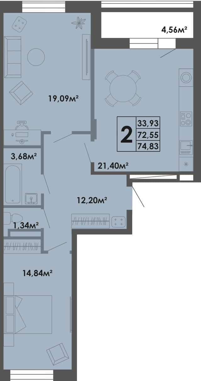 2 комн., 74.83 м²