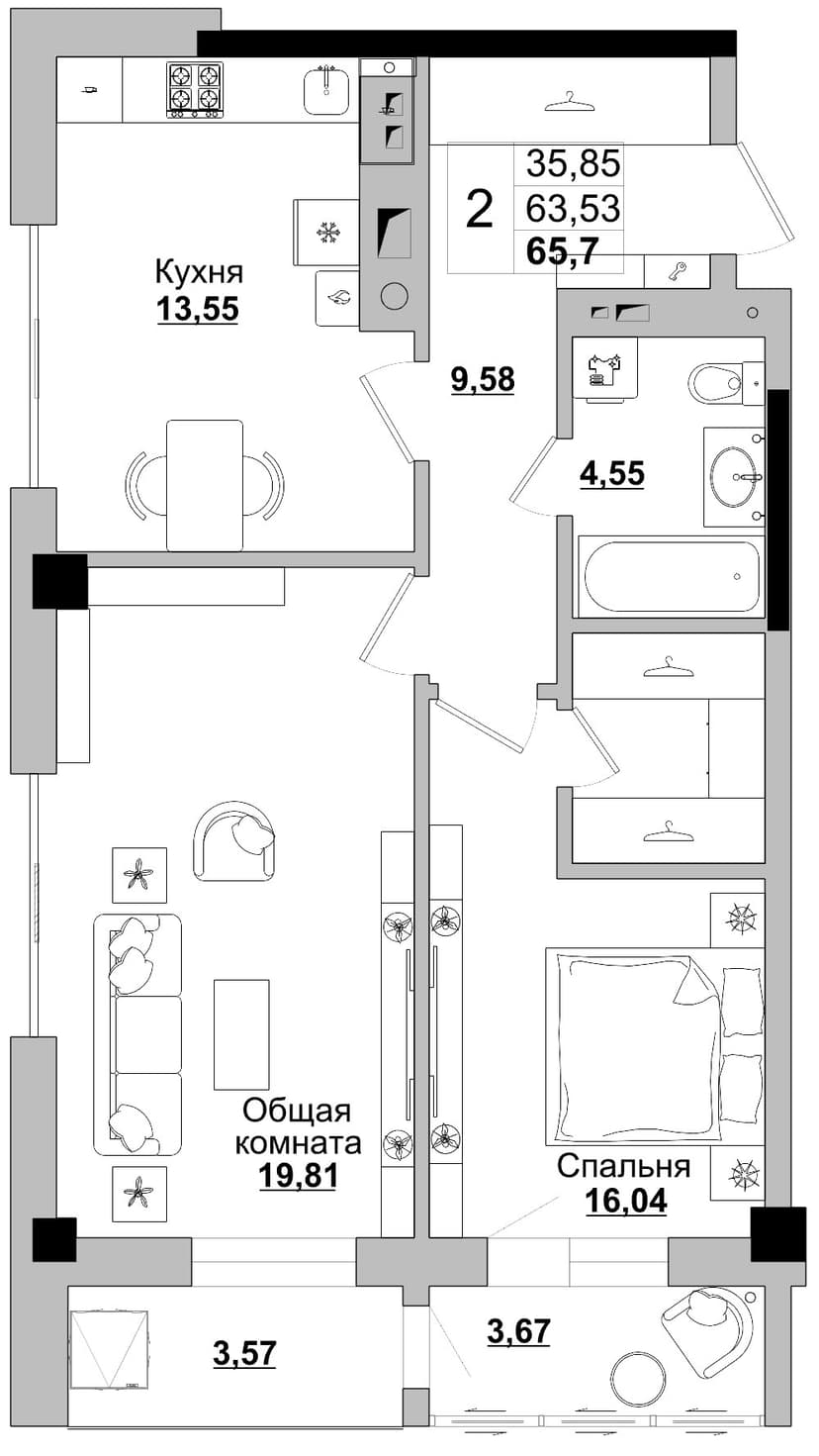 2 комн., 65.70 м²