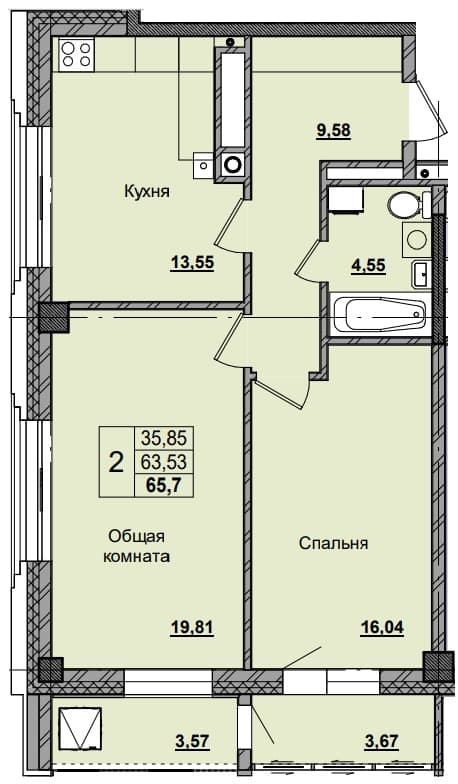 2 комн., 65.70 м²