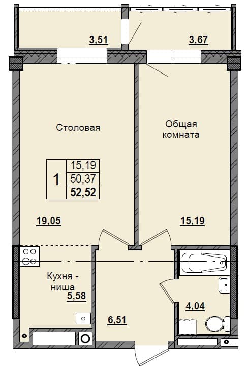 1 комн., 52.52 м²