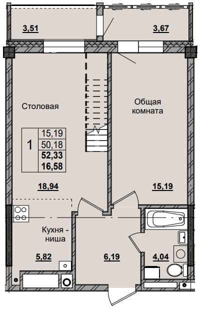 1 комн., 68.91 м²