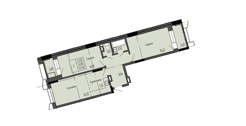 3 комн., 67.98 м²
