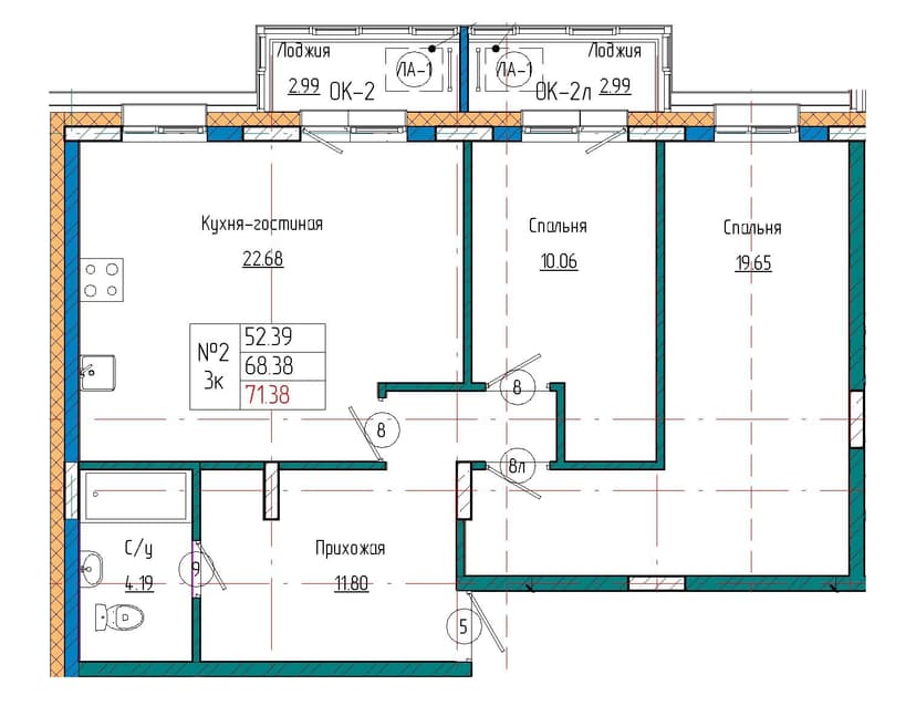 3 комн., 71.38 м²