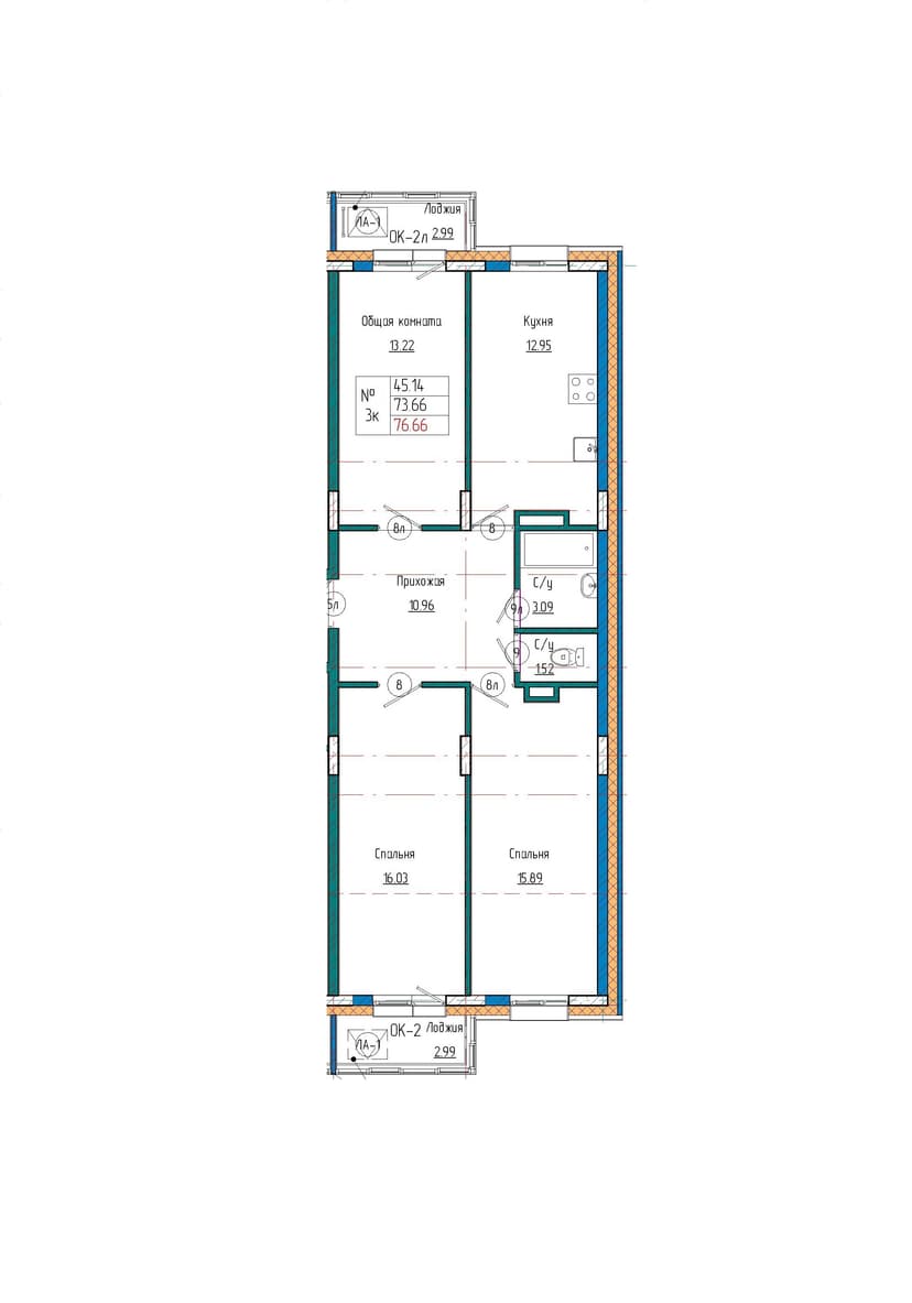 3 комн., 76.66 м²
