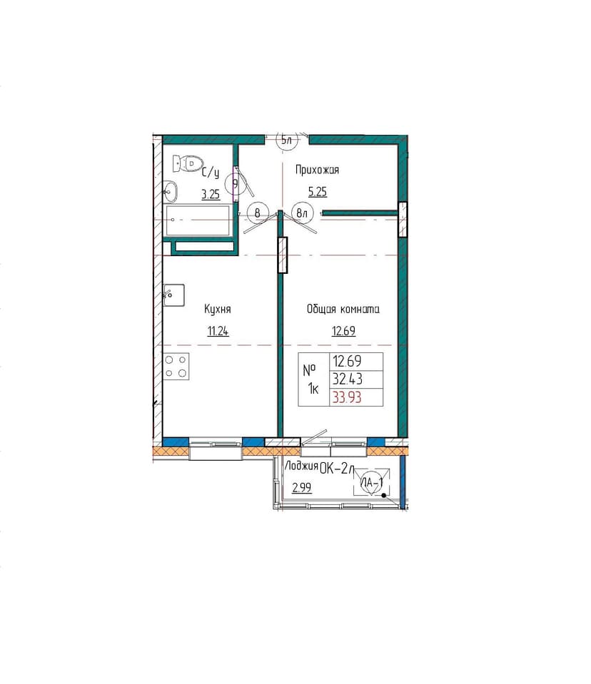 1 комн., 33.93 м²