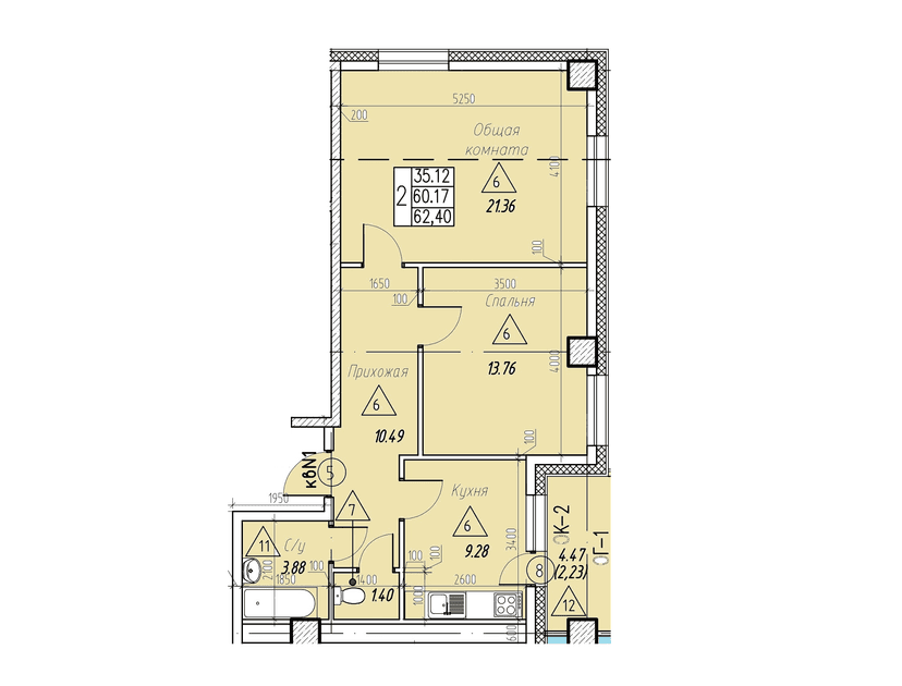 2 комн., 62.40 м²