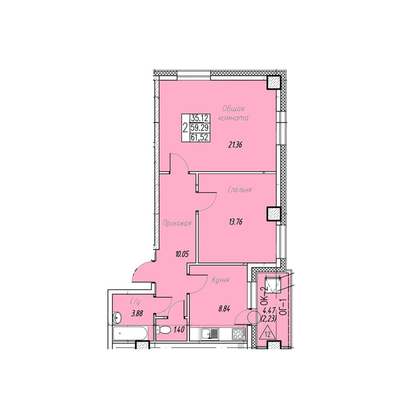 2 комн., 62.60 м²