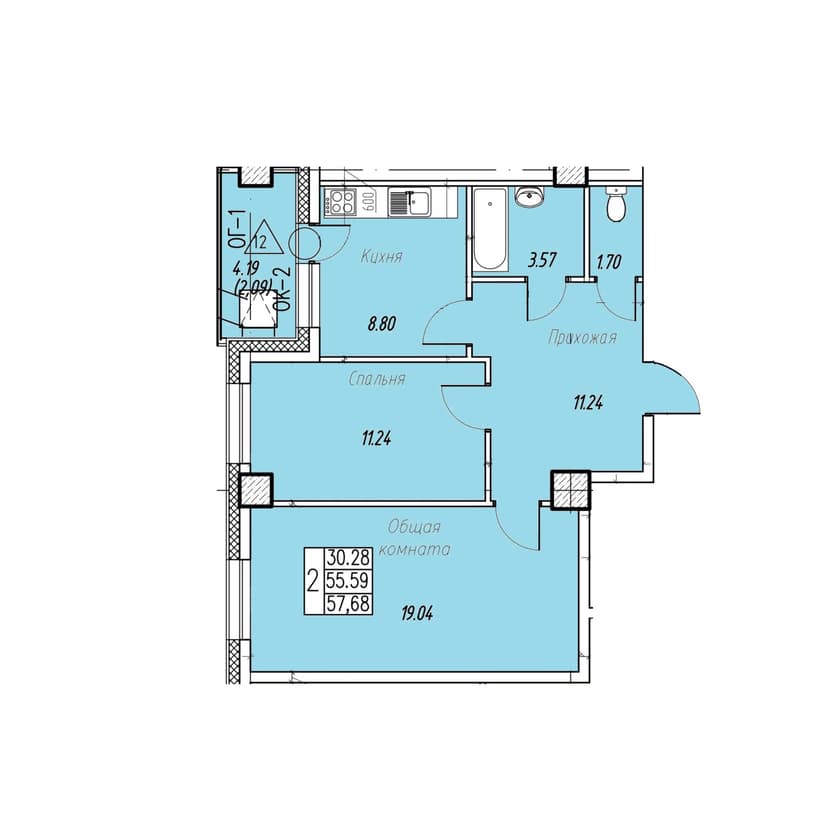 2 комн., 57.71 м²
