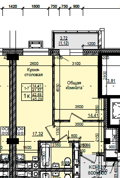 1 комн., 42.69 м²