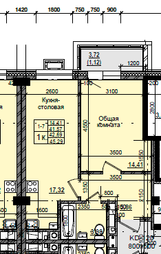 1 комн., 42.69 м²