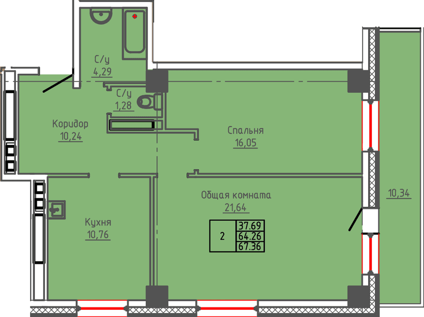 2 комн., 67.36 м²