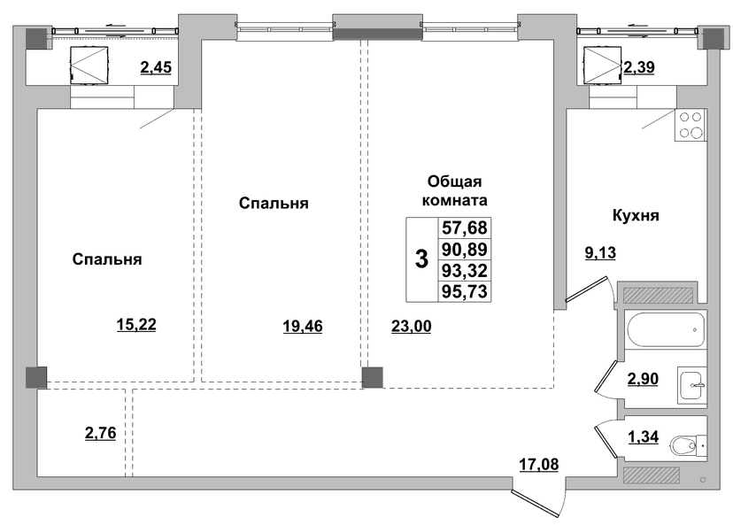 3 комн., 93.32 м²
