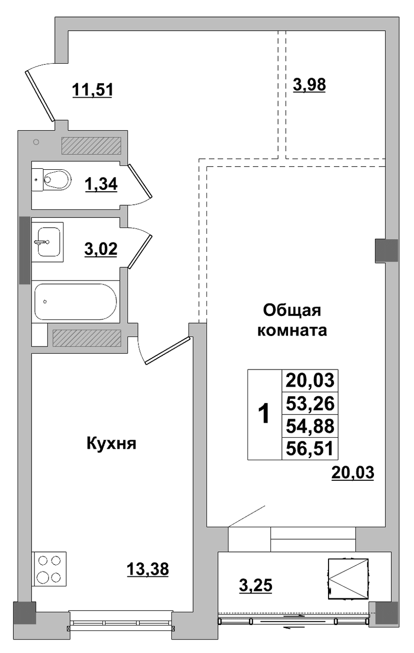 1 комн., 54.88 м²
