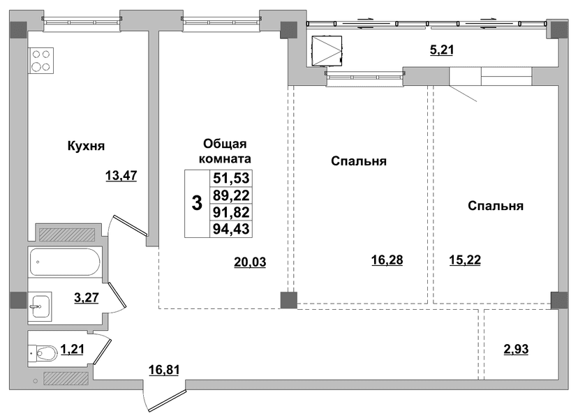 3 комн., 91.82 м²