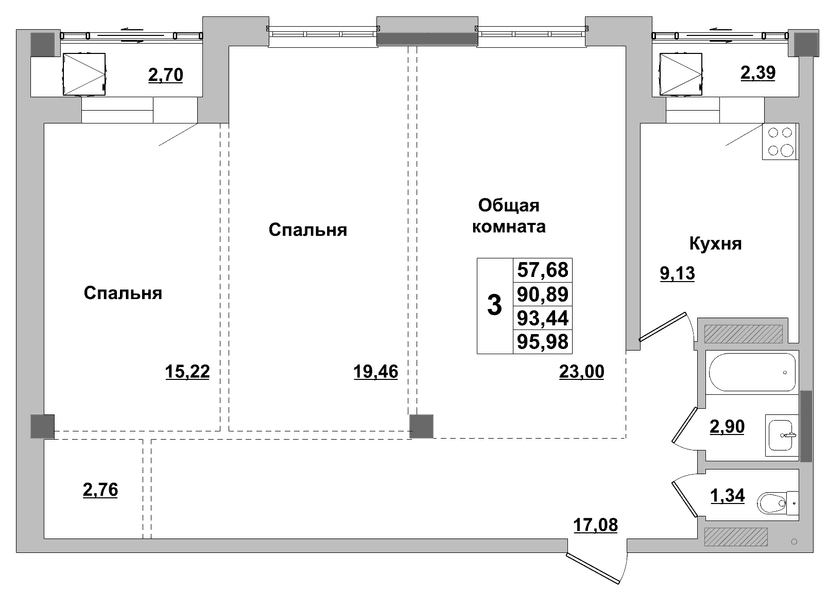 3 комн., 93.44 м²