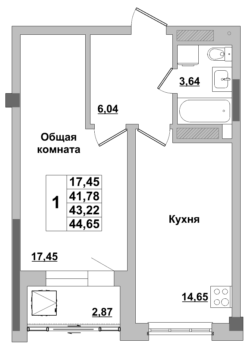 1 комн., 43.22 м²