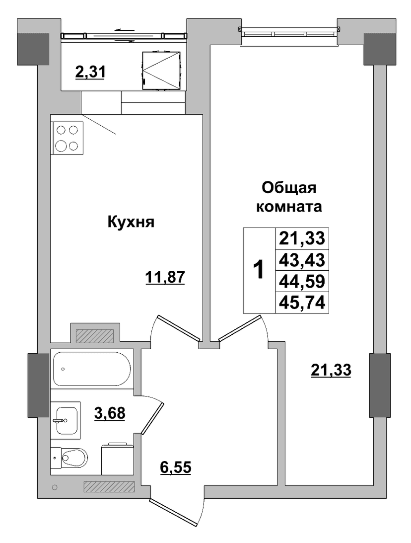 1 комн., 44.59 м²